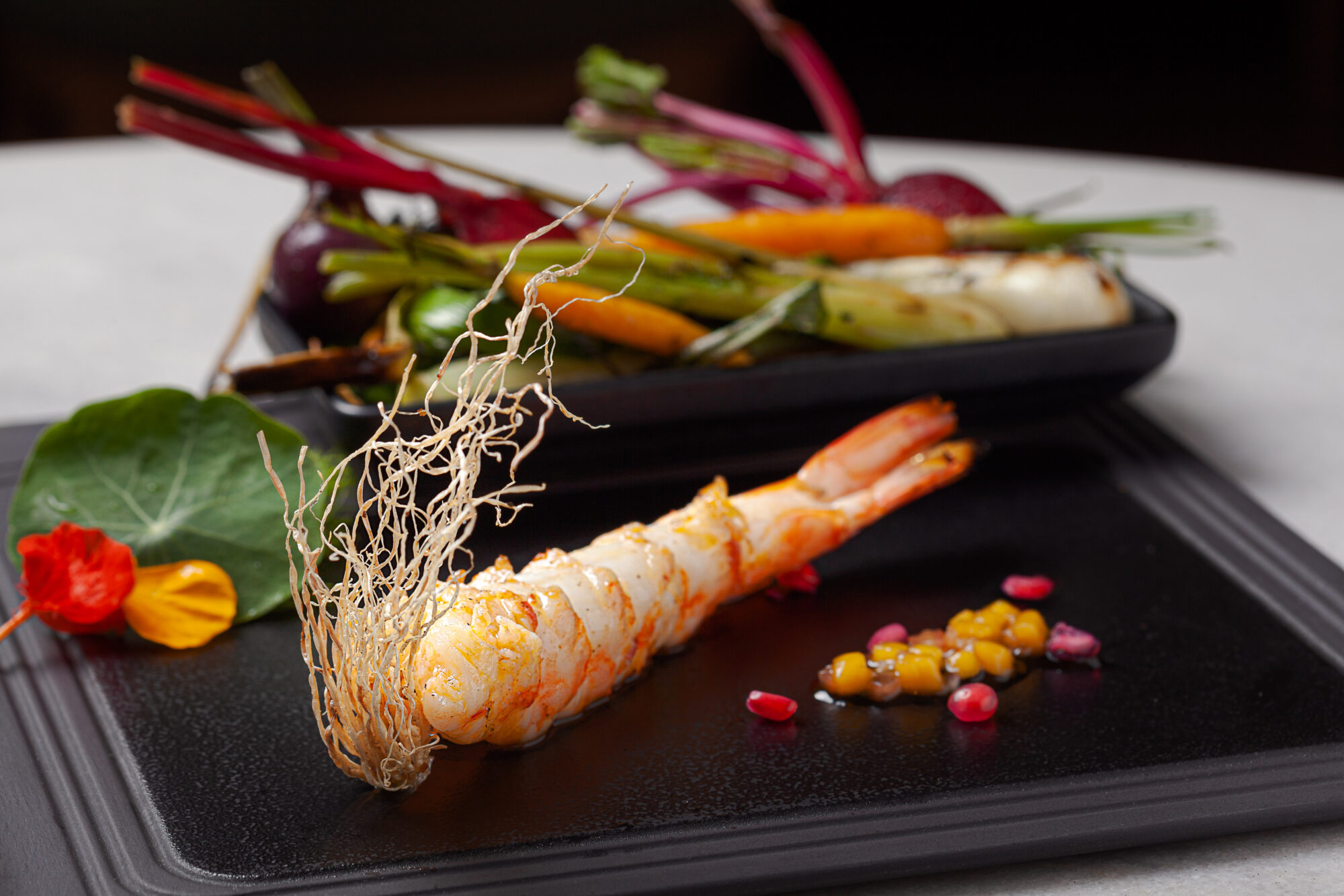 Shrimp with Mini Organic Vegetables Mango Vinaigrette and Pomegranate-jpg