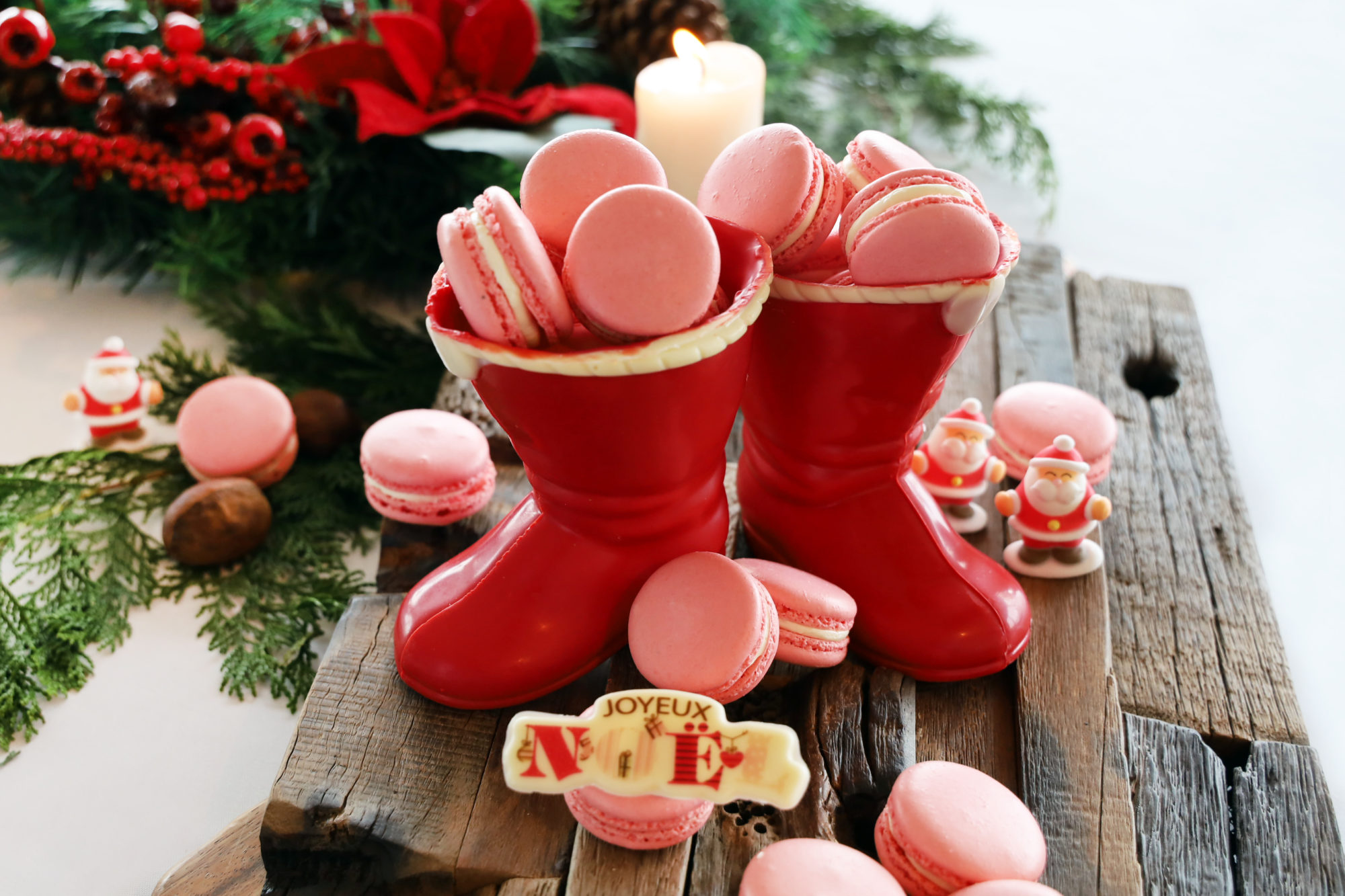 FAH Chocolate Confectionery – Santa Booties with Lychee and Rose Macarons-jpg